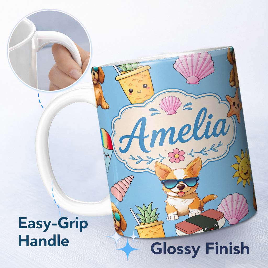 Personalized Custom Name Cute Summer Dog Blue Background Ice Cream Starfish Seamless Pattern 11oz Ceramic Coffee Tea Mug White Large Handle