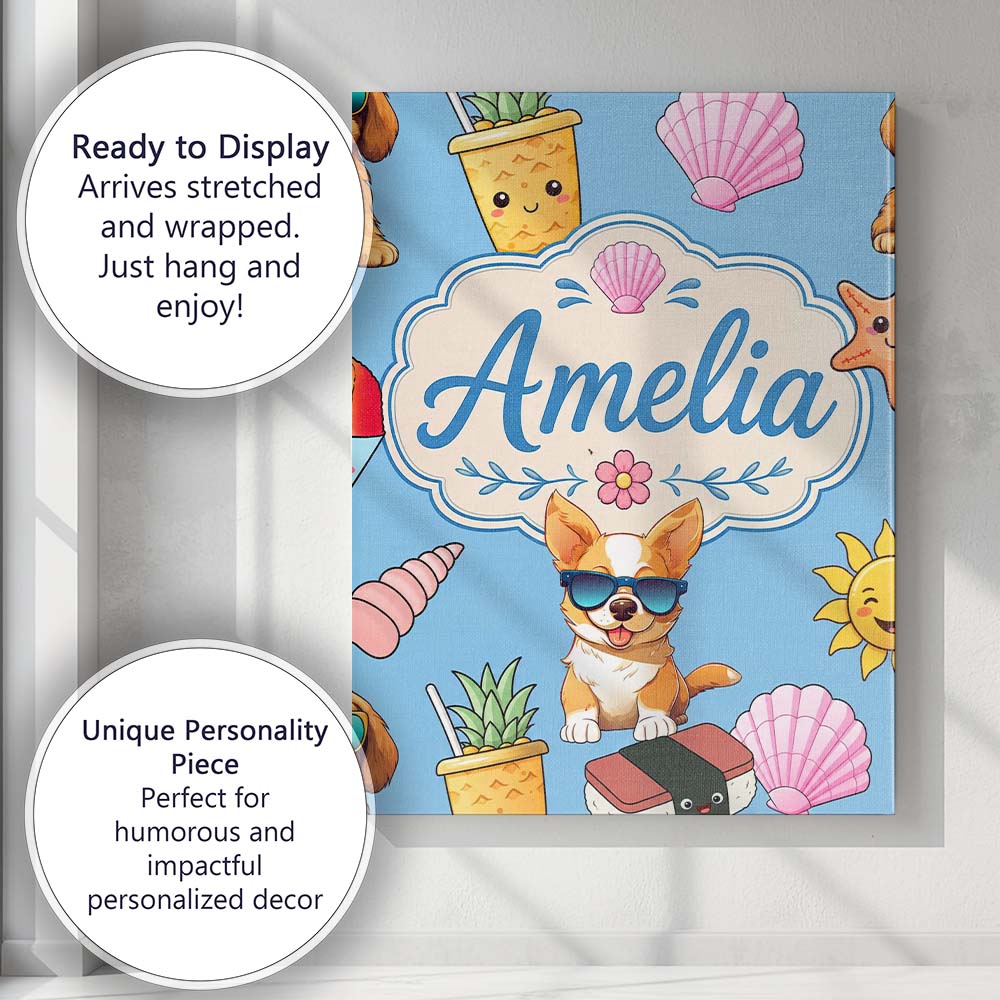 Personalised Name Cute Summer Dog Blue Custom  Modern Room Accent Elegant Feature Canvas Wall Art Print Decor Picture Ready to Hang
