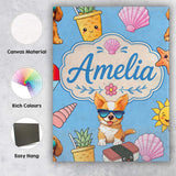 Personalised Name Cute Summer Dog Blue Custom  Modern Room Accent Elegant Feature Canvas Wall Art Print Decor Picture Ready to Hang