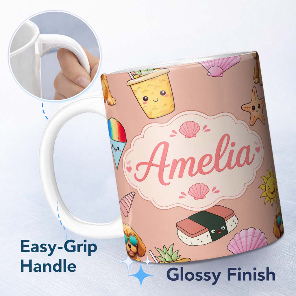 Personalized Custom Name Cute Summer Dog Sunglasses Ice Cream Starfish Seamless Pattern 11oz Ceramic Coffee Tea Mug White Large Handle