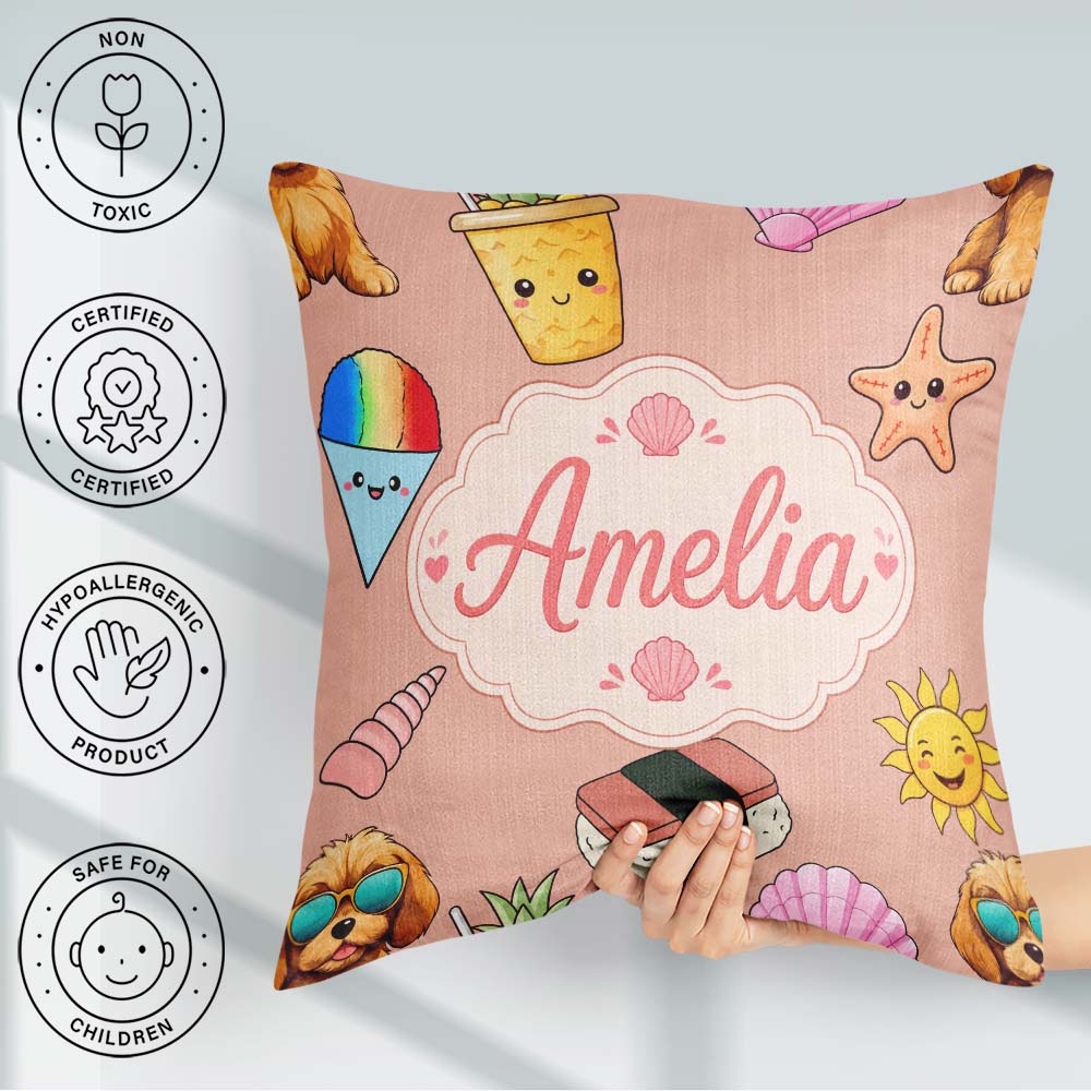 Custom Name Cute Summer Dog Ice Cream Starfish Seamless Pattern Square Filled Cushion Throw Pillow Sofa Bed Home Decor Zip Washable UK Made