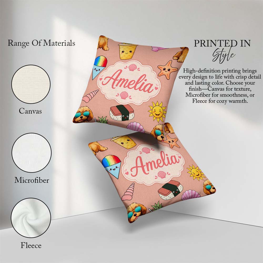 Custom Name Cute Summer Dog Ice Cream Starfish Seamless Pattern Square Filled Cushion Throw Pillow Sofa Bed Home Decor Zip Washable UK Made