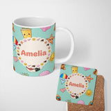 Personalized Custom Name Cute Summer Dog Teal Background Ice Cream Starfish Seamless Pattern 11oz Ceramic Coffee Tea Mug White Large Handle
