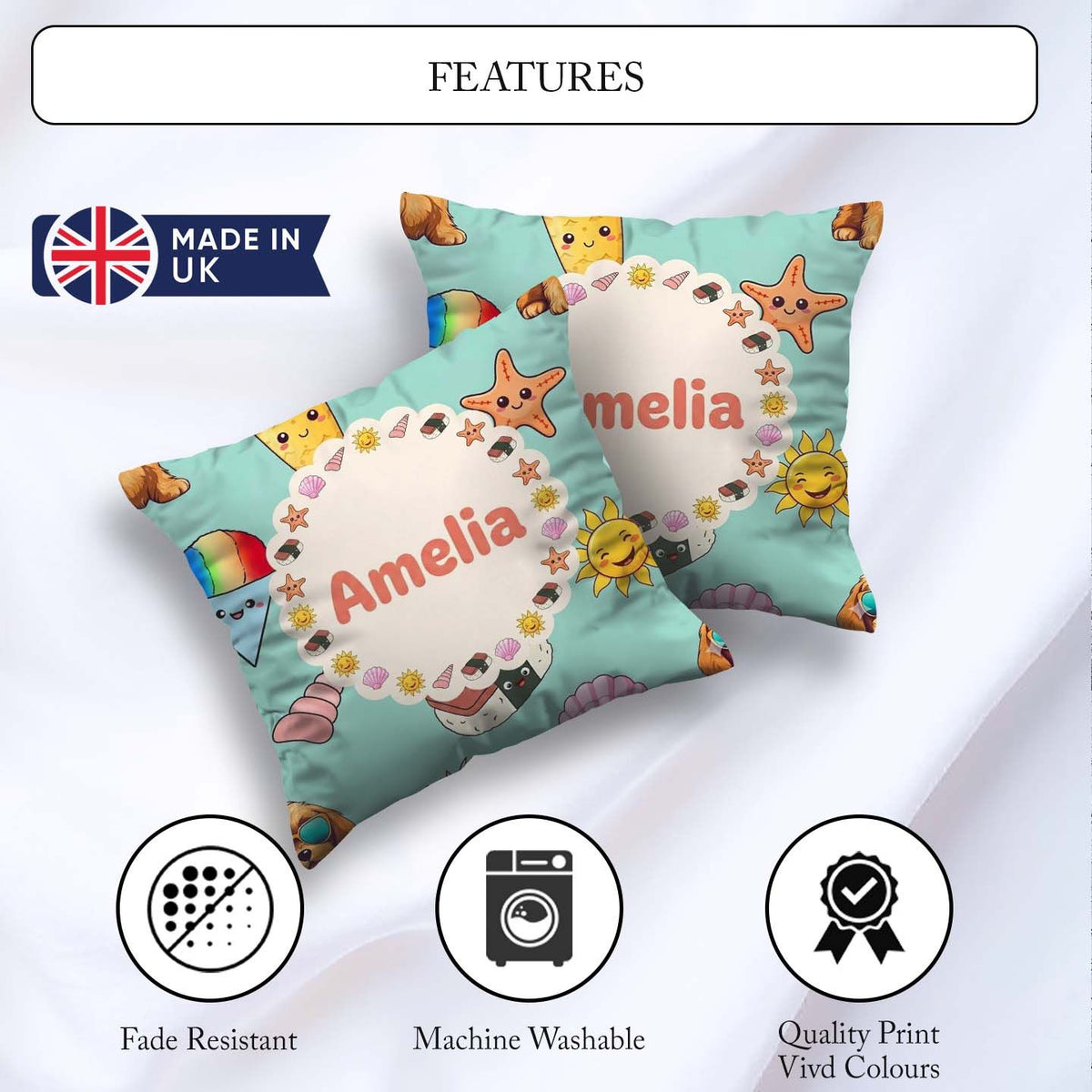 Custom Name Summer Dog Teal Ice Cream Starfish Seamless Pattern Square Filled Cushion Throw Pillow Sofa Bed Home Decor Zip Washable UK Made