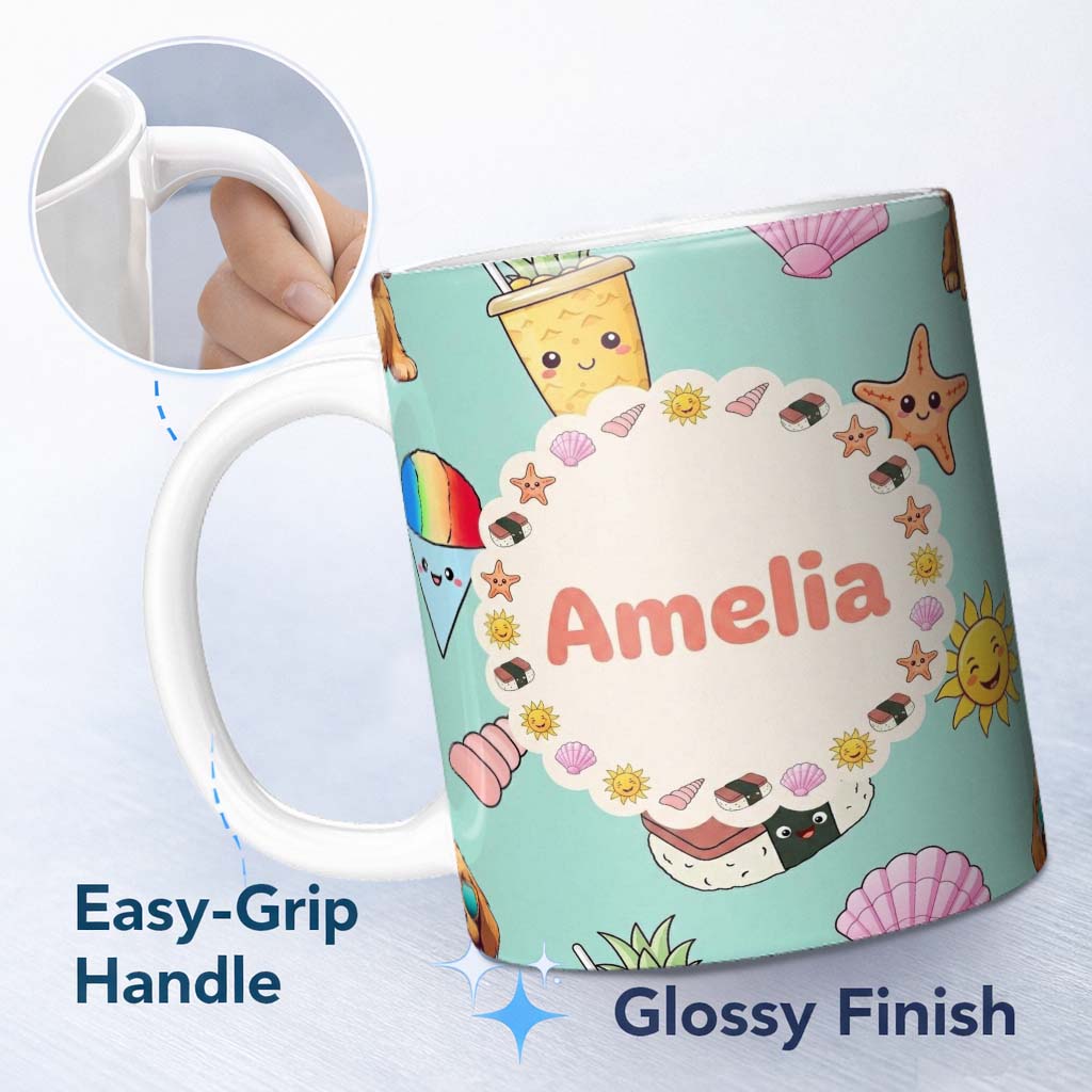 Personalized Custom Name Cute Summer Dog Teal Background Ice Cream Starfish Seamless Pattern 11oz Ceramic Coffee Tea Mug White Large Handle