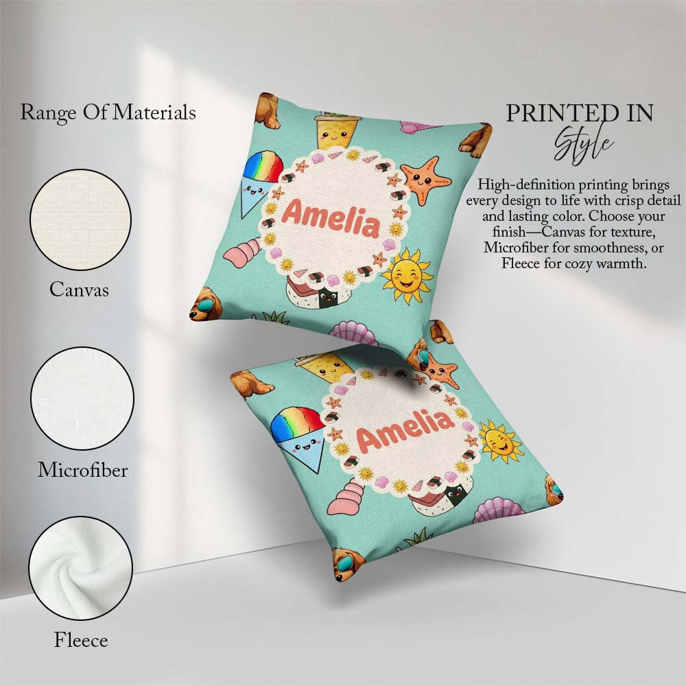 Custom Name Summer Dog Teal Ice Cream Starfish Seamless Pattern Square Filled Cushion Throw Pillow Sofa Bed Home Decor Zip Washable UK Made