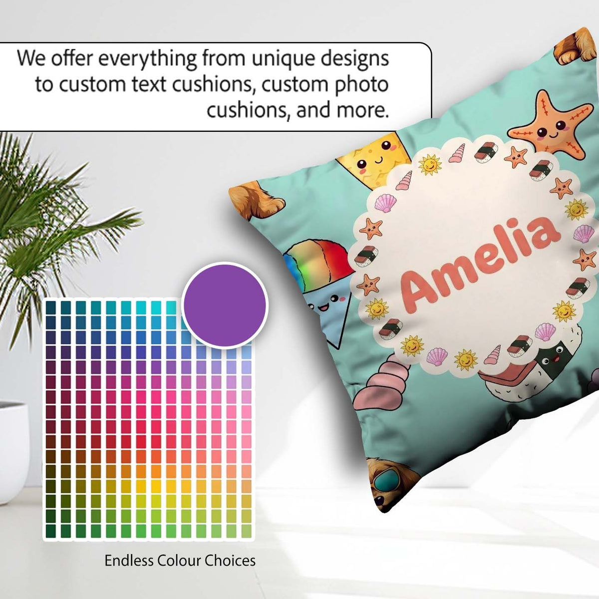 Custom Name Summer Dog Teal Ice Cream Starfish Seamless Pattern Square Filled Cushion Throw Pillow Sofa Bed Home Decor Zip Washable UK Made