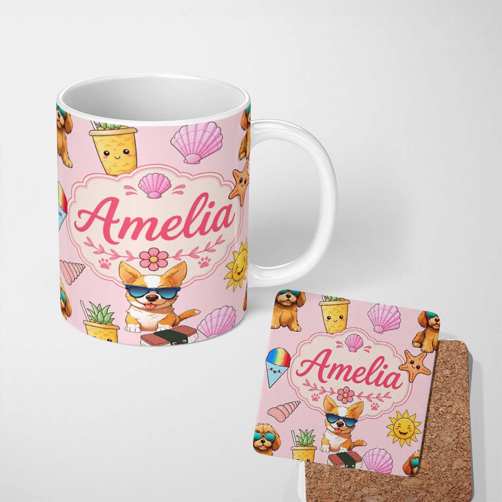 Personalized Custom Name Cute Summer Dog Soft Pink Background Ice Cream Starfish Seamless 11oz Ceramic Coffee Tea Mug White Large Handle