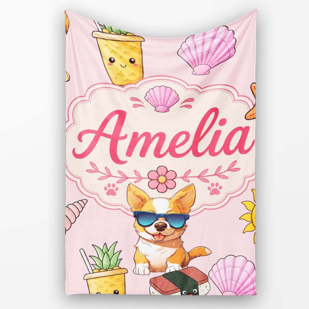 Cute Summer Dog Soft Pink Background Ice Cream Starfish Seamless  Personalised Custom Name Super Soft Fleece Blanket Bed Sofa Throw