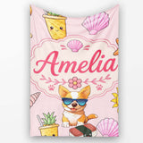 Cute Summer Dog Soft Pink Background Ice Cream Starfish Seamless  Personalised Custom Name Super Soft Fleece Blanket Bed Sofa Throw