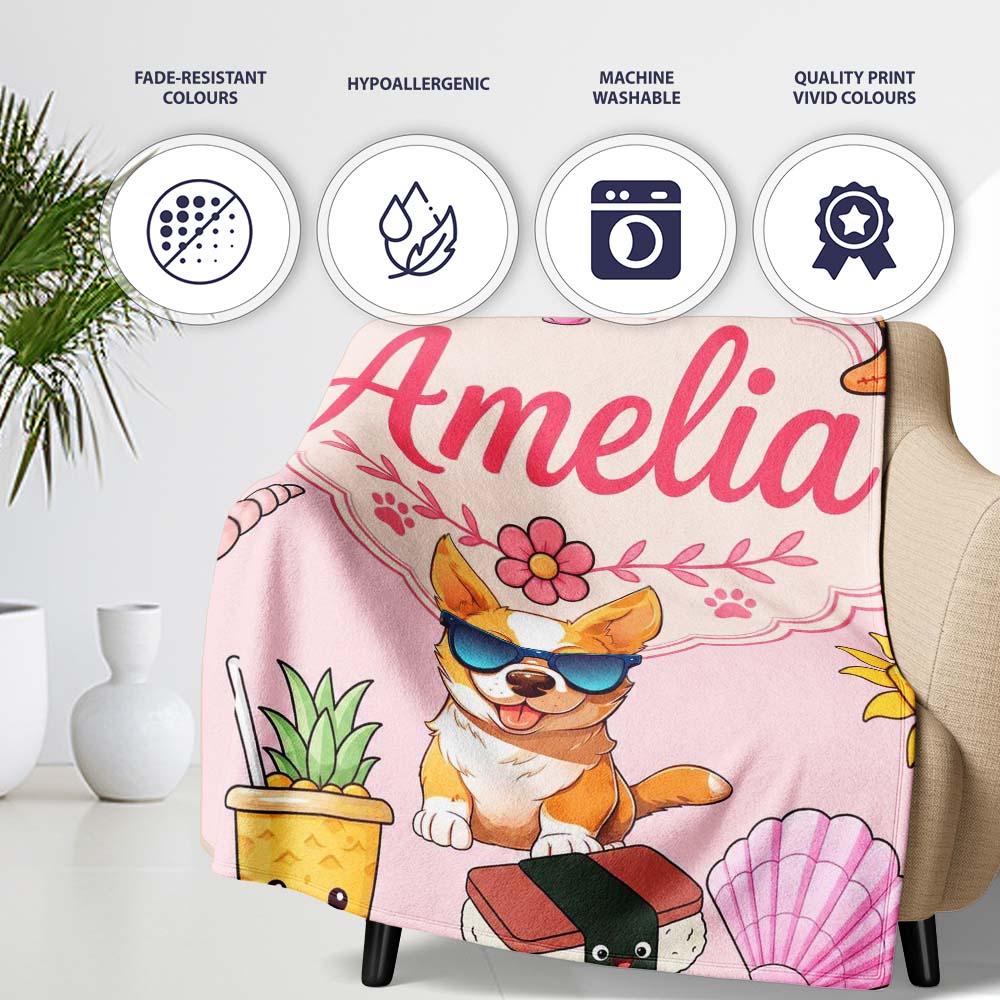 Cute Summer Dog Soft Pink Background Ice Cream Starfish Seamless  Personalised Custom Name Super Soft Fleece Blanket Bed Sofa Throw