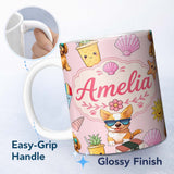 Personalized Custom Name Cute Summer Dog Soft Pink Background Ice Cream Starfish Seamless 11oz Ceramic Coffee Tea Mug White Large Handle