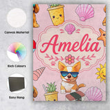 Personalised Name Cute Summer Dog Soft Pink Custom  Bespoke Interior Contemporary Canvas Wall Art Print Decor Picture Ready to Hang