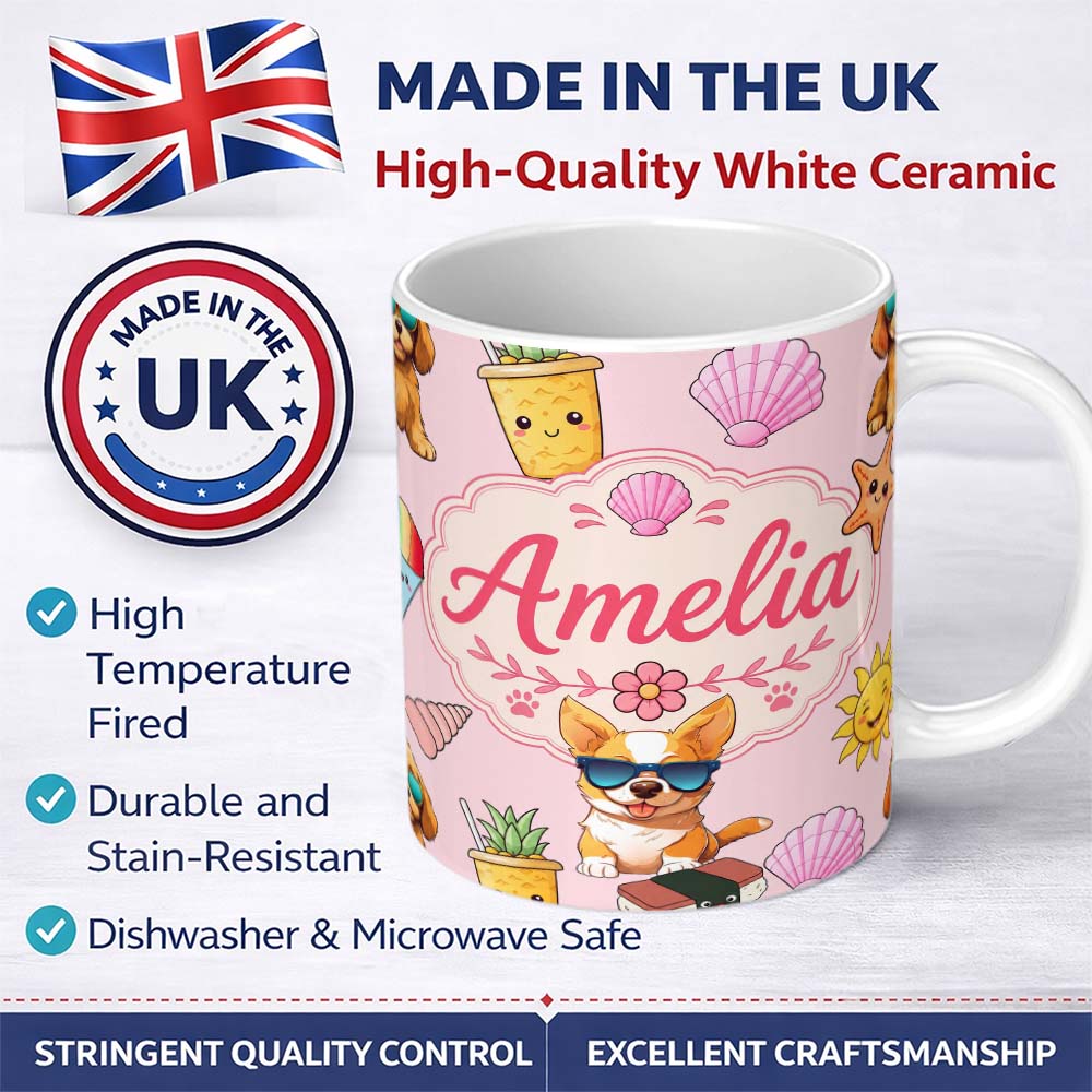 Personalized Custom Name Cute Summer Dog Soft Pink Background Ice Cream Starfish Seamless 11oz Ceramic Coffee Tea Mug White Large Handle