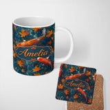 Personalized Custom Name Koi Fish in Clear Blue Water with Autumn Leaves Pattern Nature 11oz Ceramic Coffee Tea Mug White Large Handle