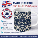 Personalized Custom Name Navy Blue Moroccan Geometric Lattice Elegant Seamless Pattern Lovely 11oz Ceramic Coffee Tea Mug White Large Handle