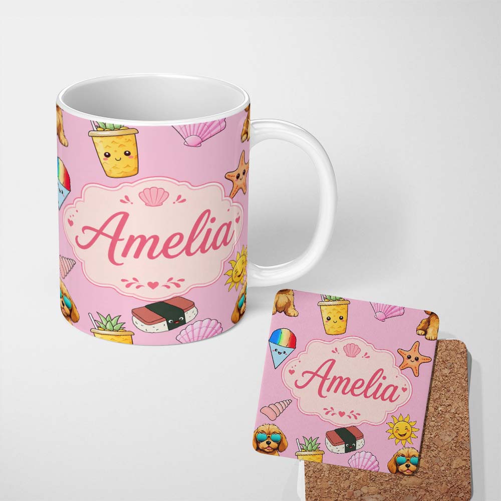Personalized Custom Name Cute Summer Dog Light Pink Background Ice Cream Starfish Seamless 11oz Ceramic Coffee Tea Mug White Large Handle