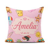 Custom Name Summer Dog Light Pink Background Ice Cream Starfish Square Filled Cushion Throw Pillow Sofa Bed Home Decor Zip Washable UK Made