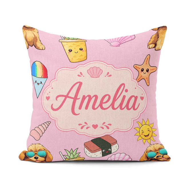 Custom Name Summer Dog Light Pink Background Ice Cream Starfish Square Filled Cushion Throw Pillow Sofa Bed Home Decor Zip Washable UK Made