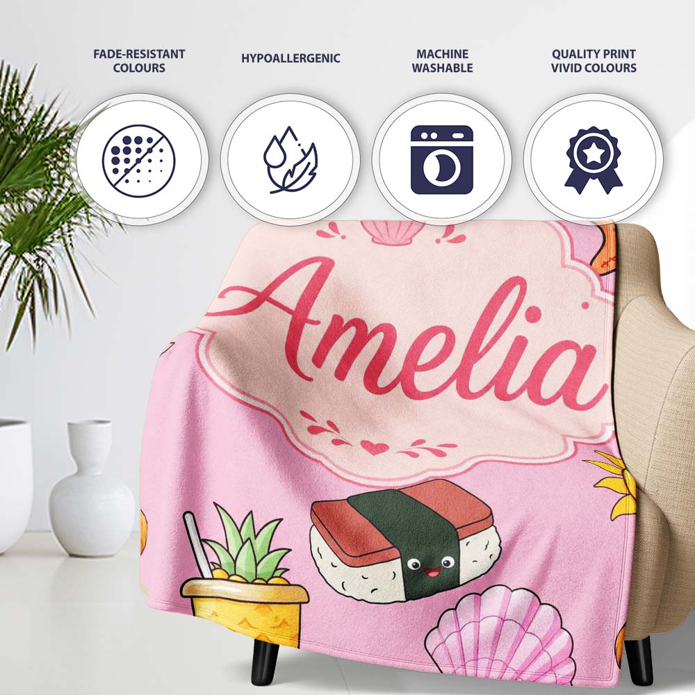 Cute Summer Dog Light Pink Background Ice Cream Starfish Seamless  Personalised Custom Name Super Soft Fleece Blanket Bed Sofa Throw
