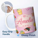 Personalized Custom Name Cute Summer Dog Light Pink Background Ice Cream Starfish Seamless 11oz Ceramic Coffee Tea Mug White Large Handle