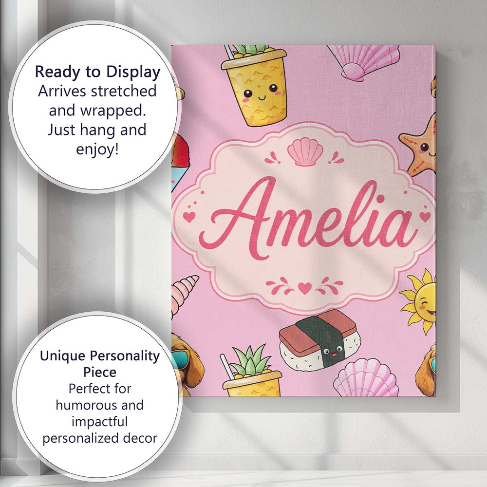 Personalised Name Cute Summer Dog Light Custom  Modern Room Accent Elegant Feature Canvas Wall Art Print Decor Picture Ready to Hang