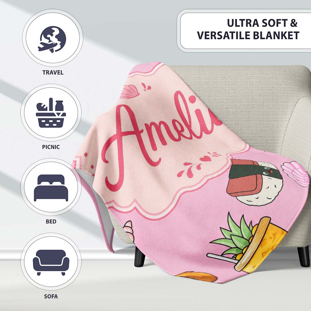 Cute Summer Dog Light Pink Background Ice Cream Starfish Seamless  Personalised Custom Name Super Soft Fleece Blanket Bed Sofa Throw
