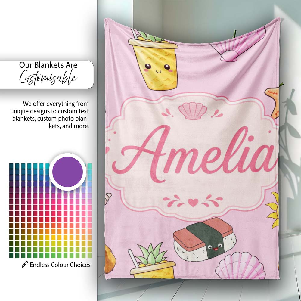 Cute Summer Dog Light Pink Background Ice Cream Starfish Seamless  Personalised Custom Name Super Soft Fleece Blanket Bed Sofa Throw