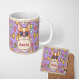 Personalized Custom Name Cute Summer Dog Purple Background Ice Cream Starfish Seamless 11oz Ceramic Coffee Tea Mug White Large Handle