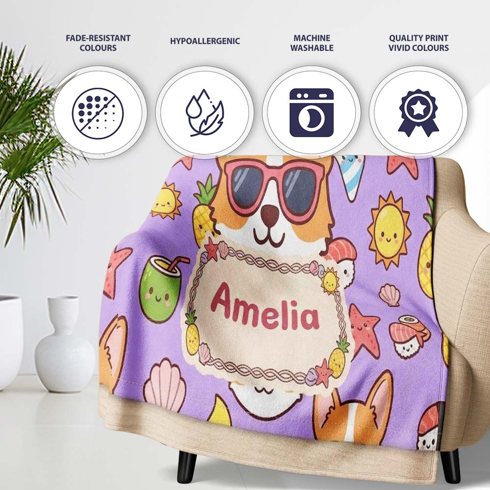 Cute Summer Dog Purple Background Ice Cream Starfish Seamless  Personalised Custom Name Super Soft Fleece Blanket Bed Sofa Throw