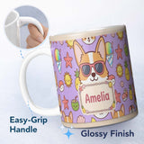 Personalized Custom Name Cute Summer Dog Purple Background Ice Cream Starfish Seamless 11oz Ceramic Coffee Tea Mug White Large Handle