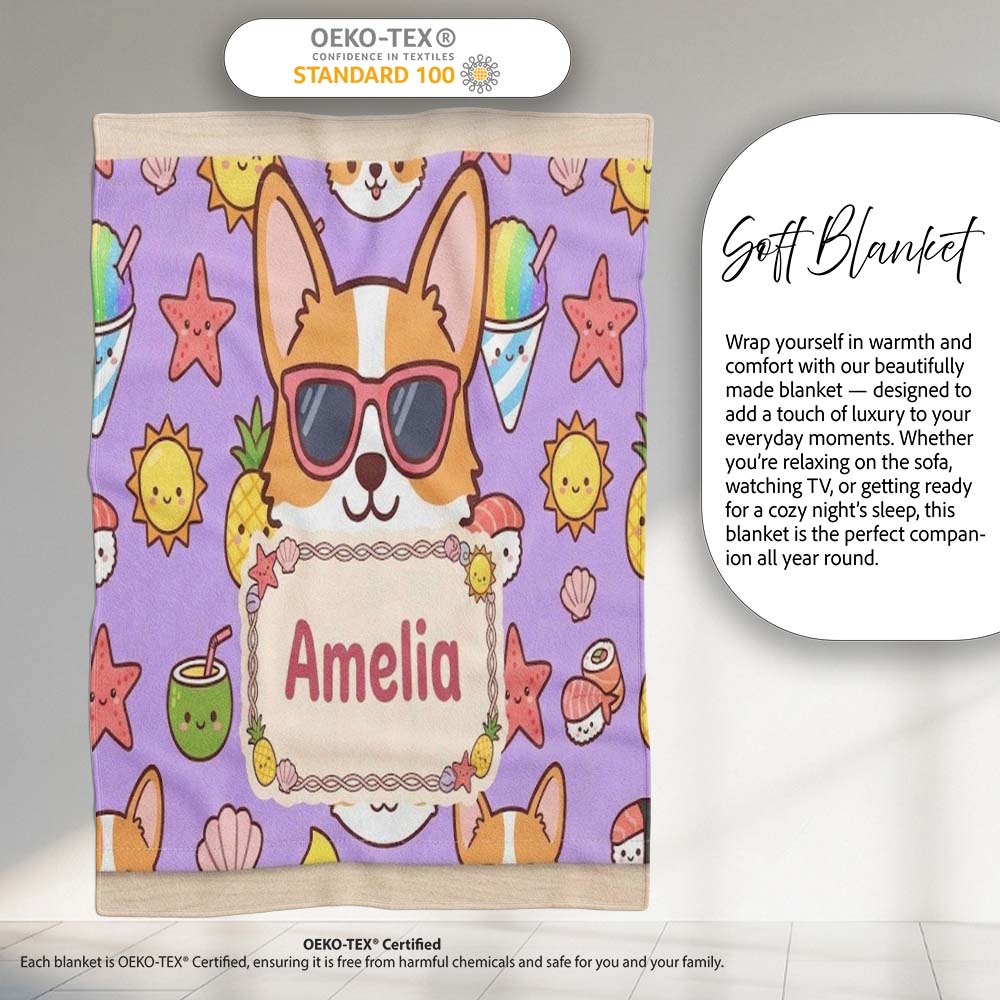 Cute Summer Dog Purple Background Ice Cream Starfish Seamless  Personalised Custom Name Super Soft Fleece Blanket Bed Sofa Throw