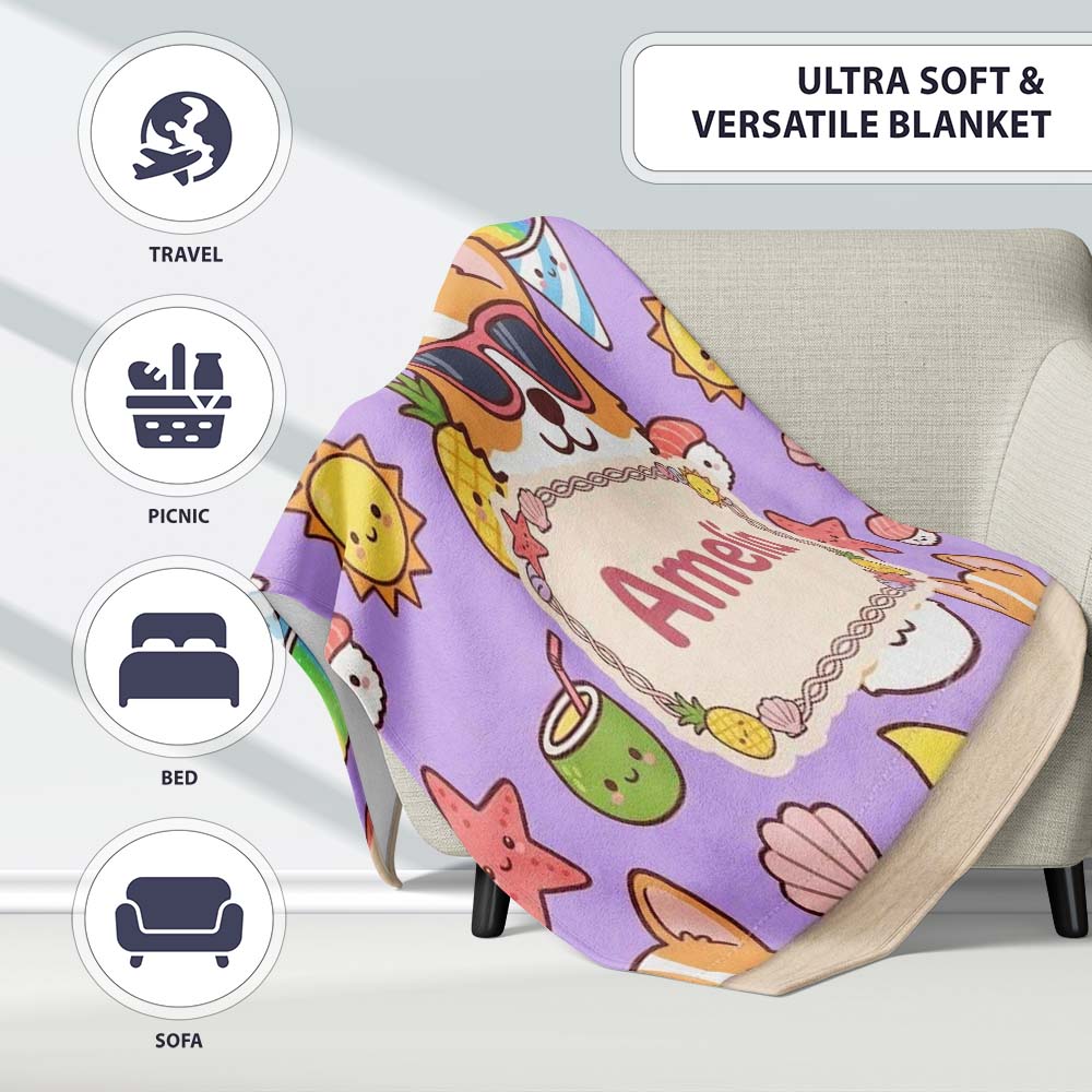Cute Summer Dog Purple Background Ice Cream Starfish Seamless  Personalised Custom Name Super Soft Fleece Blanket Bed Sofa Throw