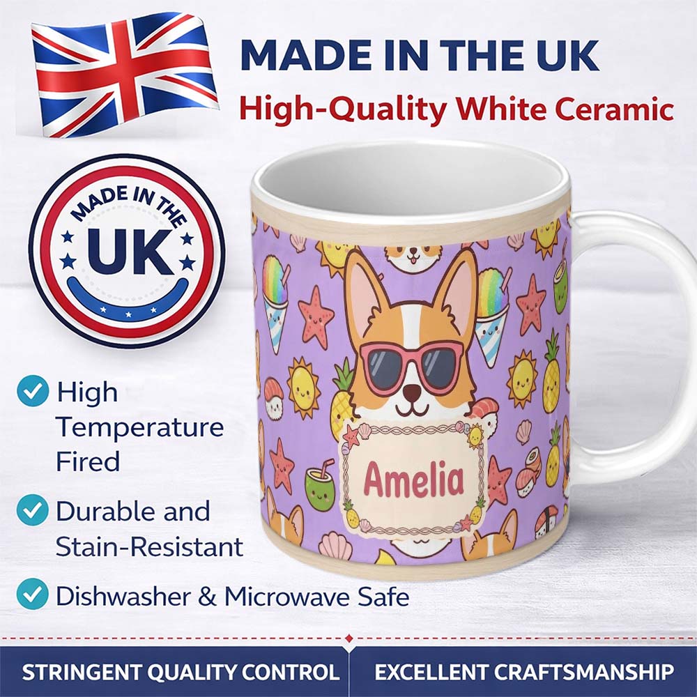 Personalized Custom Name Cute Summer Dog Purple Background Ice Cream Starfish Seamless 11oz Ceramic Coffee Tea Mug White Large Handle