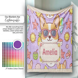 Cute Summer Dog Purple Background Ice Cream Starfish Seamless  Personalised Custom Name Super Soft Fleece Blanket Bed Sofa Throw