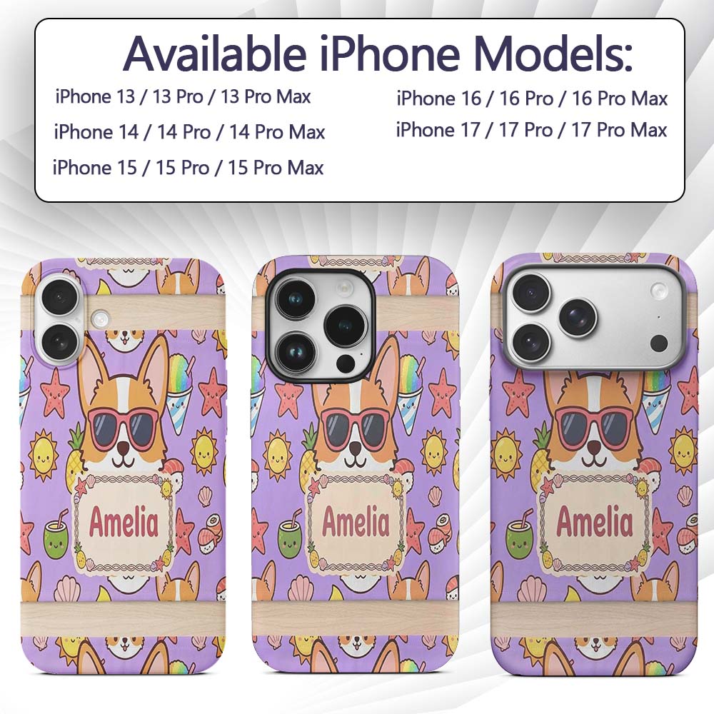 Cute Summer Dog Purple Background Printed Design Custom Name Protective Phone Case Mobile Cover Durable Everyday Smartphone Shock Resistant