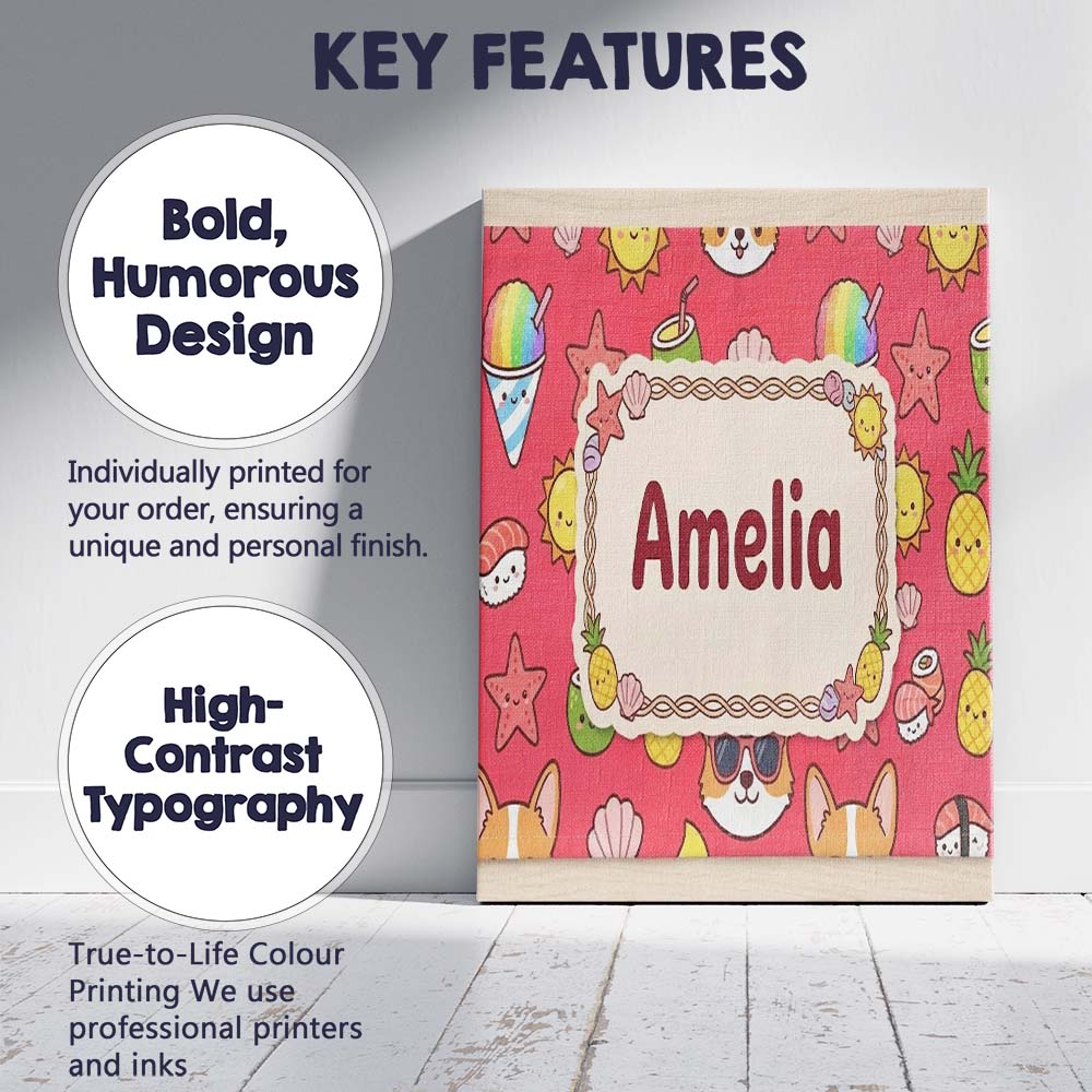 Personalised Name Cute Summer Dog Red Custom Modern Room Accent Creative Decorator Style Canvas Wall Art Print Decor Picture Ready to Hang