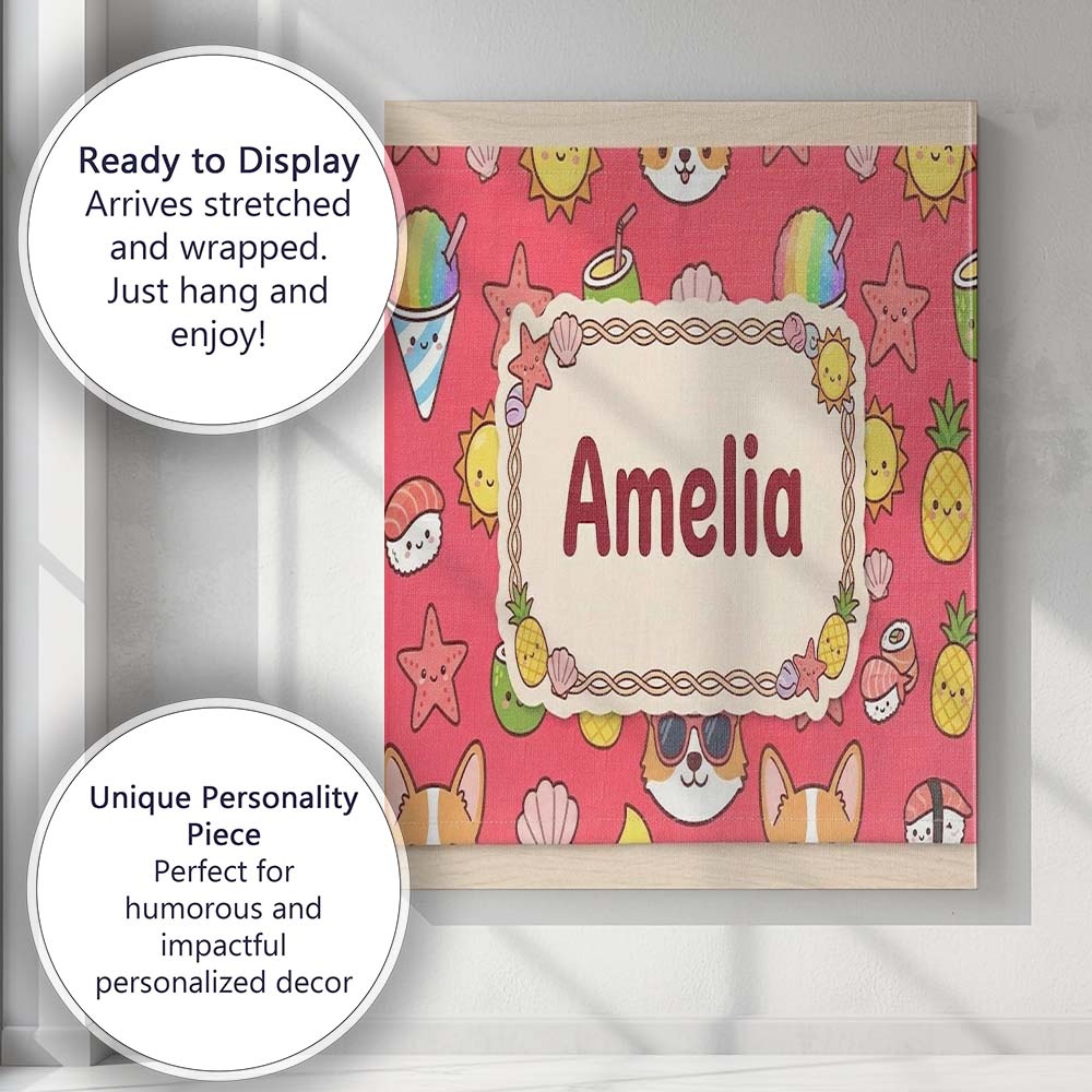 Personalised Name Cute Summer Dog Red Custom Modern Room Accent Creative Decorator Style Canvas Wall Art Print Decor Picture Ready to Hang
