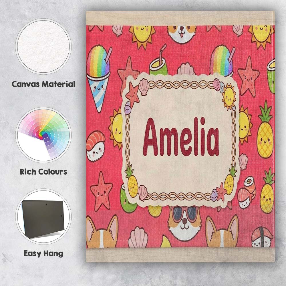 Personalised Name Cute Summer Dog Red Custom Modern Room Accent Creative Decorator Style Canvas Wall Art Print Decor Picture Ready to Hang
