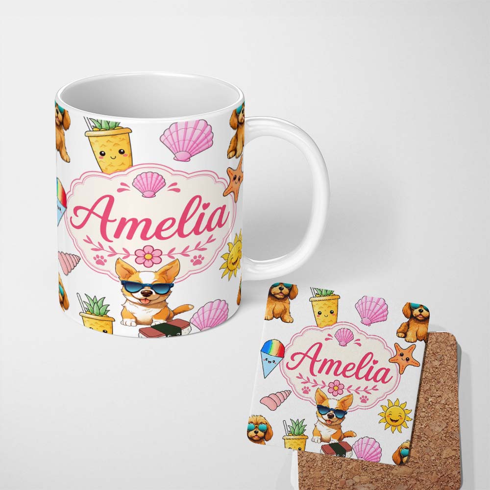 Personalized Custom Name Cute Summer Dog Grey Background Ice Cream Starfish Seamless Pattern 11oz Ceramic Coffee Tea Mug White Large Handle