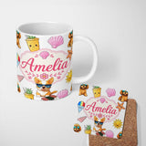 Personalized Custom Name Cute Summer Dog Grey Background Ice Cream Starfish Seamless Pattern 11oz Ceramic Coffee Tea Mug White Large Handle