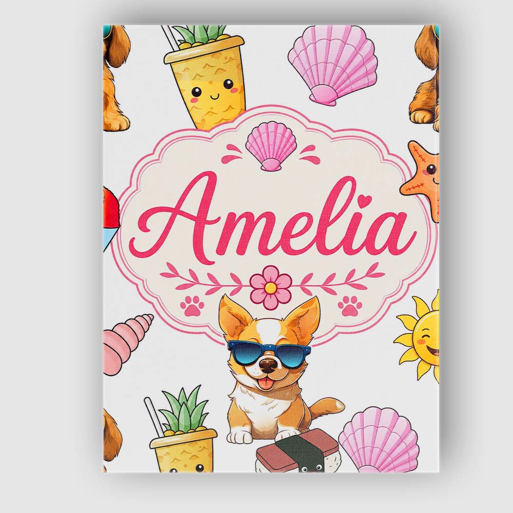 Personalised Name Cute Summer Dog Grey Custom  Modern Room Accent Elegant Feature Canvas Wall Art Print Decor Picture Ready to Hang