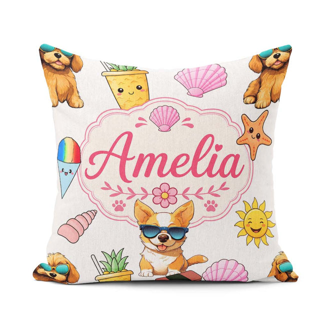 Custom Name Summer Dog Grey Ice Cream Starfish Seamless Pattern Square Filled Cushion Throw Pillow Sofa Bed Home Decor Zip Washable UK Made
