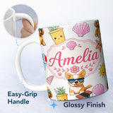 Personalized Custom Name Cute Summer Dog Grey Background Ice Cream Starfish Seamless Pattern 11oz Ceramic Coffee Tea Mug White Large Handle
