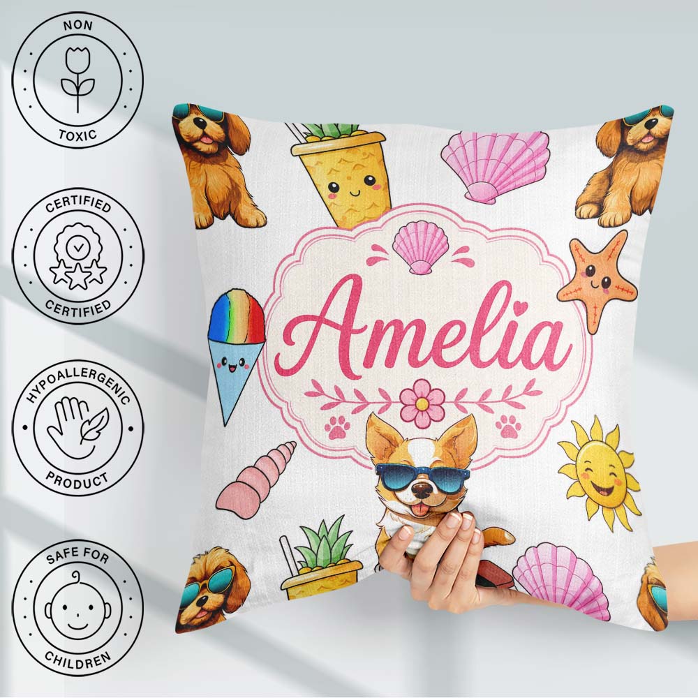 Custom Name Summer Dog Grey Ice Cream Starfish Seamless Pattern Square Filled Cushion Throw Pillow Sofa Bed Home Decor Zip Washable UK Made