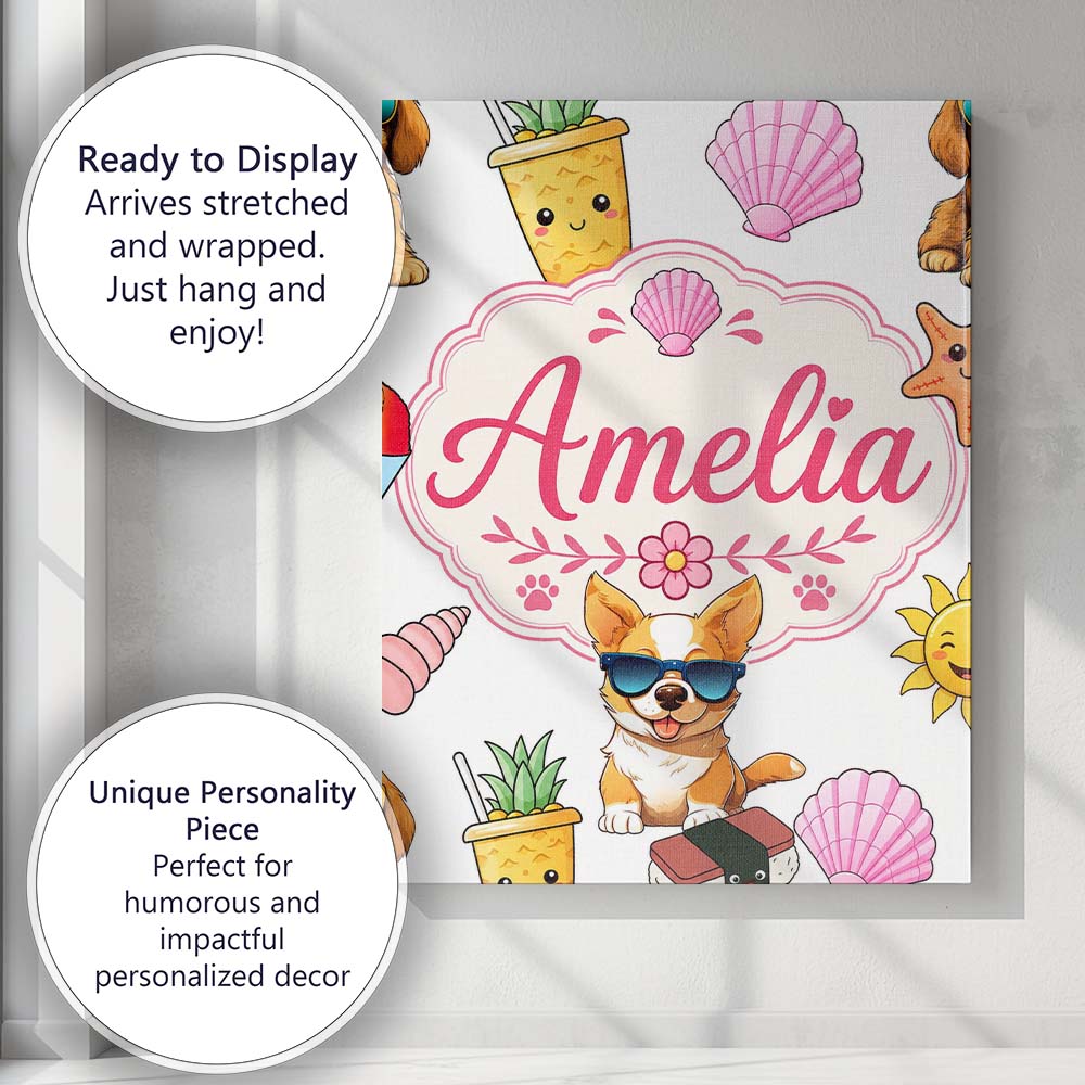 Personalised Name Cute Summer Dog Grey Custom  Modern Room Accent Elegant Feature Canvas Wall Art Print Decor Picture Ready to Hang