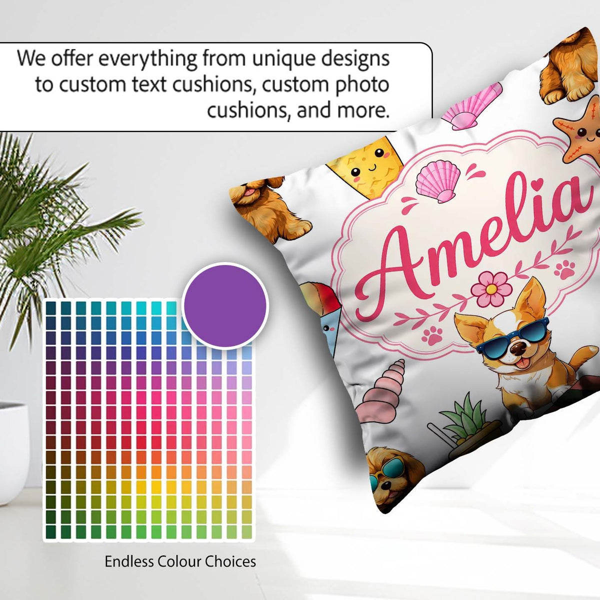 Custom Name Summer Dog Grey Ice Cream Starfish Seamless Pattern Square Filled Cushion Throw Pillow Sofa Bed Home Decor Zip Washable UK Made