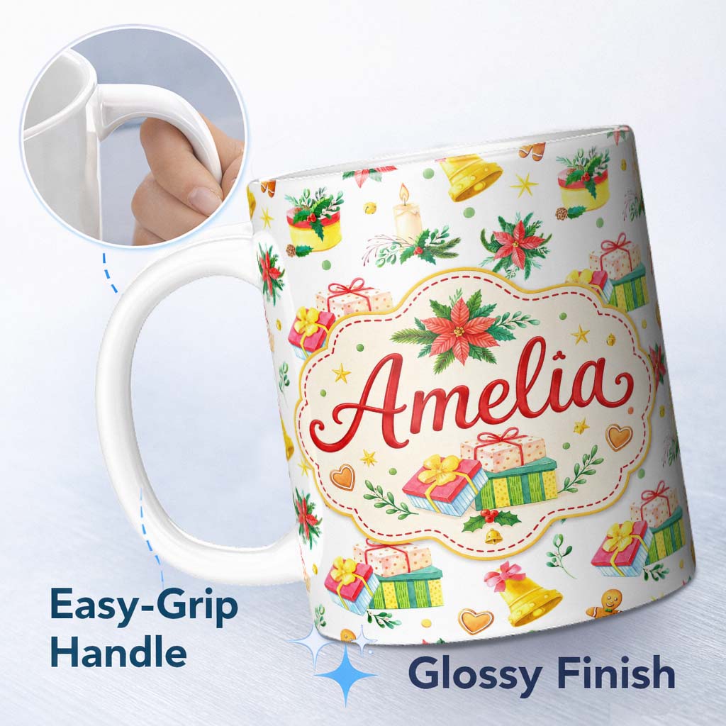 Personalized Custom Name Watercolor Christmas Gift Candle Poinsettia Bell Seamless Pattern 11oz Ceramic Coffee Tea Mug White Large Handle