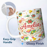 Personalized Custom Name Watercolor Christmas Gift Candle Poinsettia Bell Seamless Pattern 11oz Ceramic Coffee Tea Mug White Large Handle