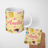 Personalized Custom Name Cute Summer Dog Yellow Background Ice Cream Starfish Seamless 11oz Ceramic Coffee Tea Mug White Large Handle